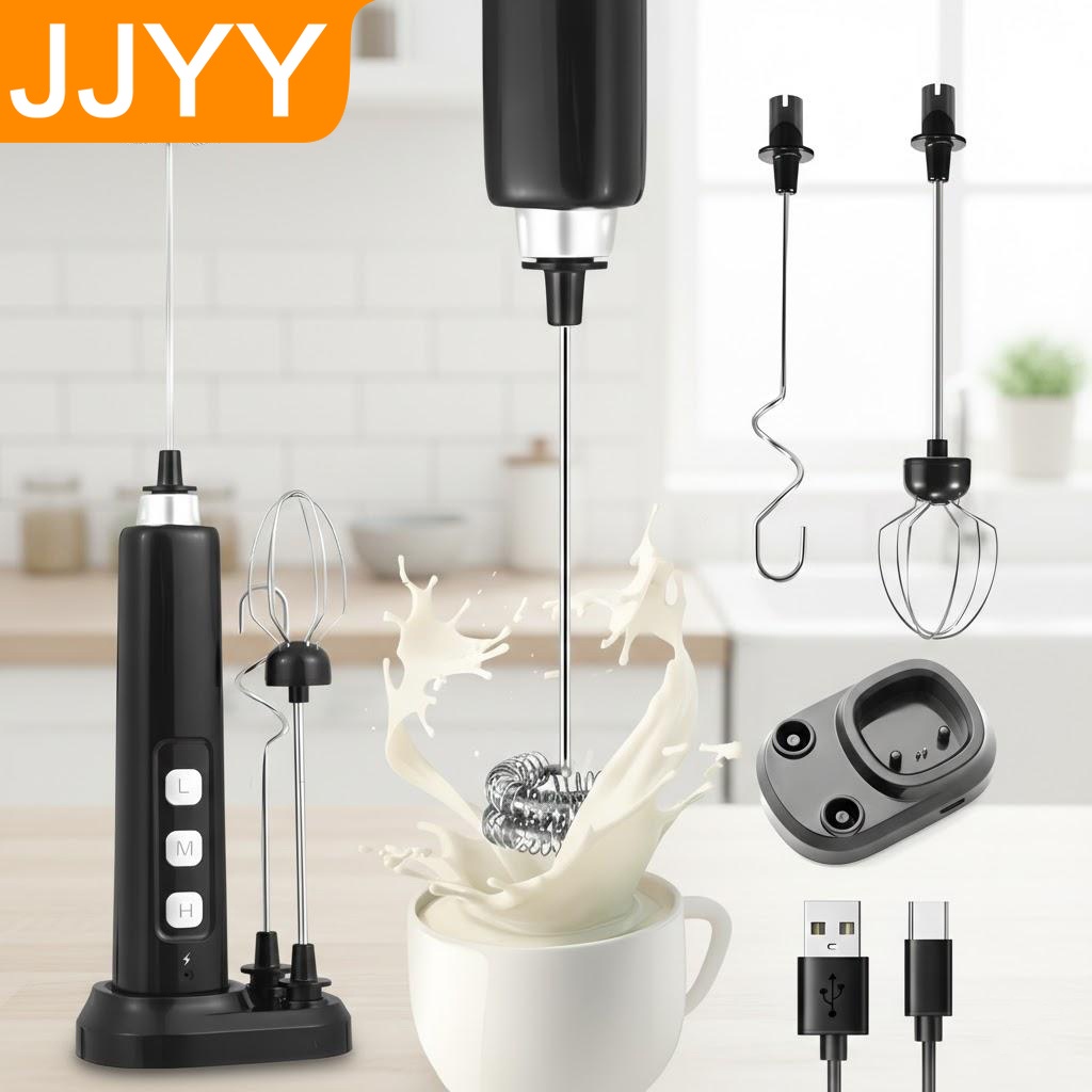 Electric Milk Frother Handheld - USB充電式ハンドヘルドミルクフォーマー、3段階速度調整付きミニ電動ミキサー、泡立て・製菓ツール、多機能アタッチメント
